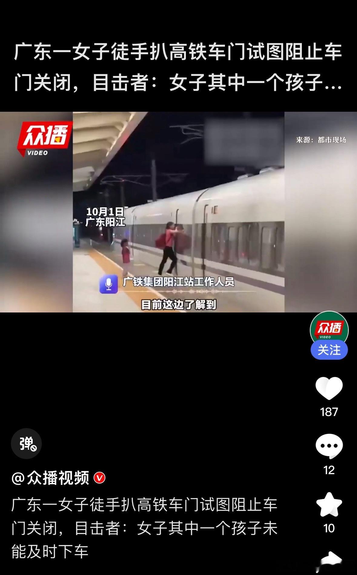 广东阳江一女子高铁站扒车门又又又见高铁扒车门，有样学样了，反正又没啥处罚[摊手]