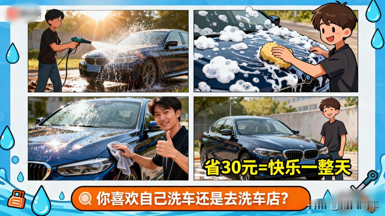 记录第一次自己动手洗车，省了30块，快乐了一整天！

水枪冲走泥沙，泡沫覆盖车身