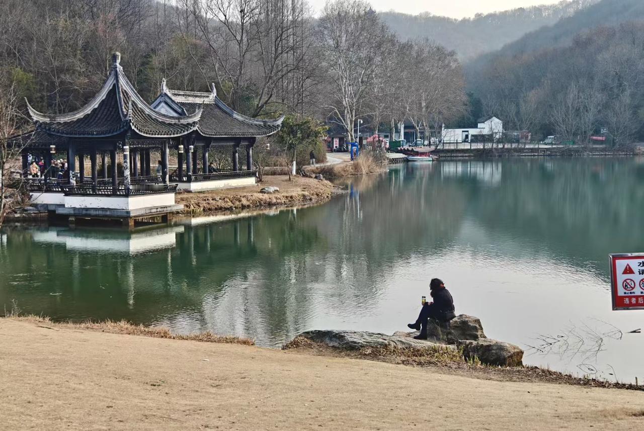 亭角挑着淡云，湖水把山林与古意都浸成翡翠色，人坐在石上，像把自己也揉进了，这卷江