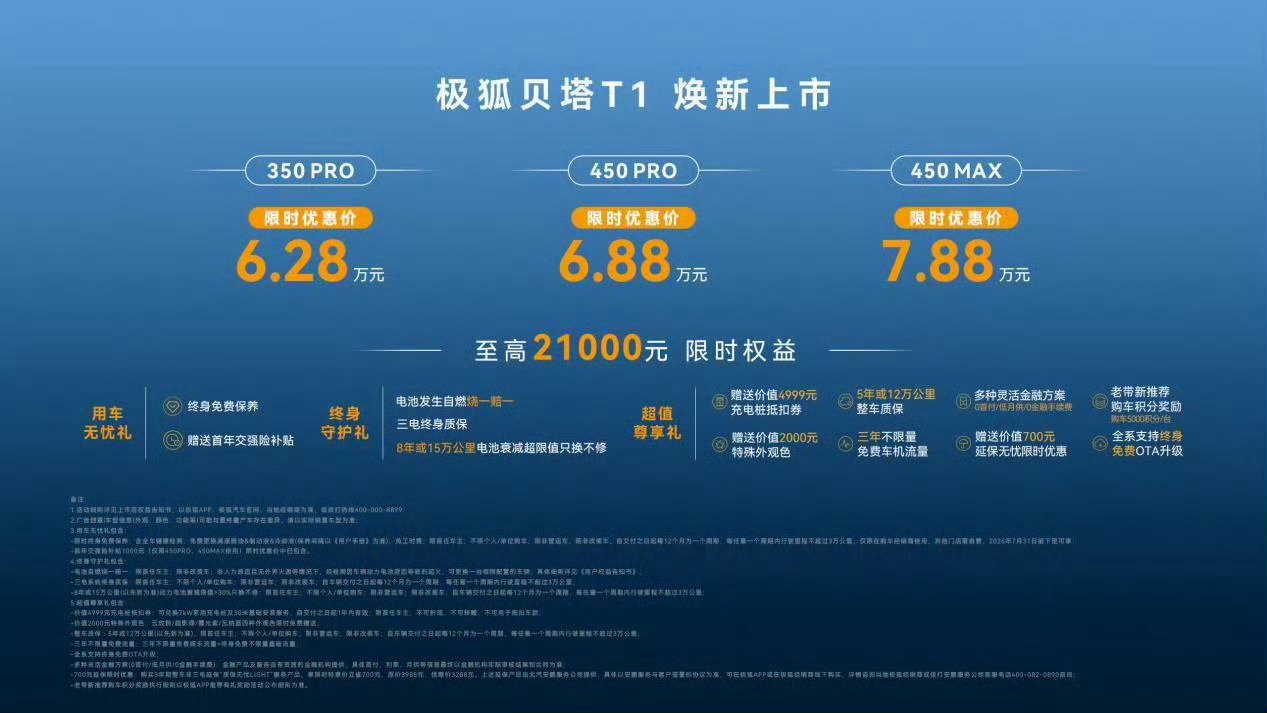 极狐贝塔 T1上市6.28万大空间长续航2770mm越级轴距，450km续航全新