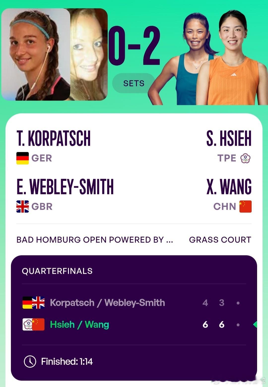 WTA500巴特洪堡站🇩🇪女双8进4海峡组合谢淑薇/王欣瑜🇨🇳6-4/6