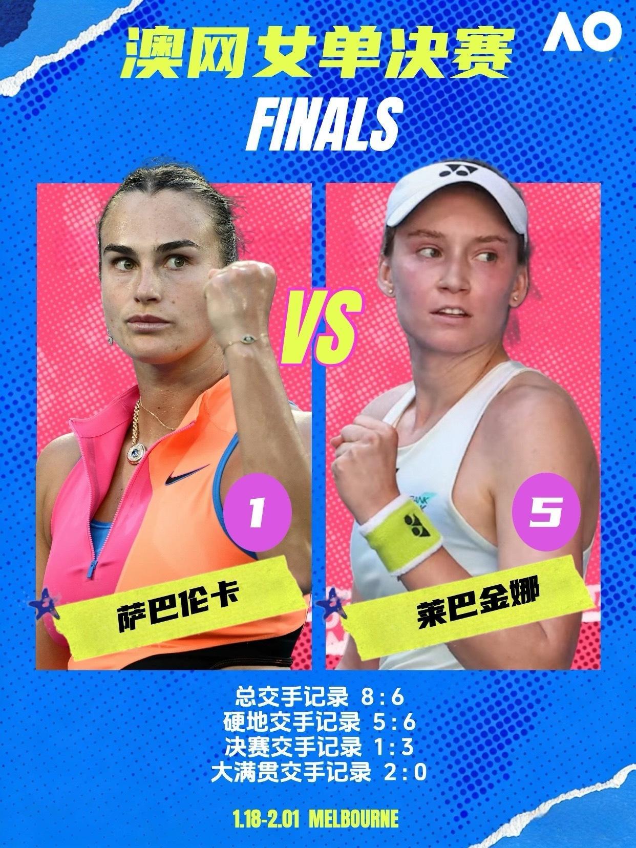 澳网2026萨巴伦卡连续三年进澳网决赛莱巴金娜晋级澳网决赛 澳网女单半决赛，头号