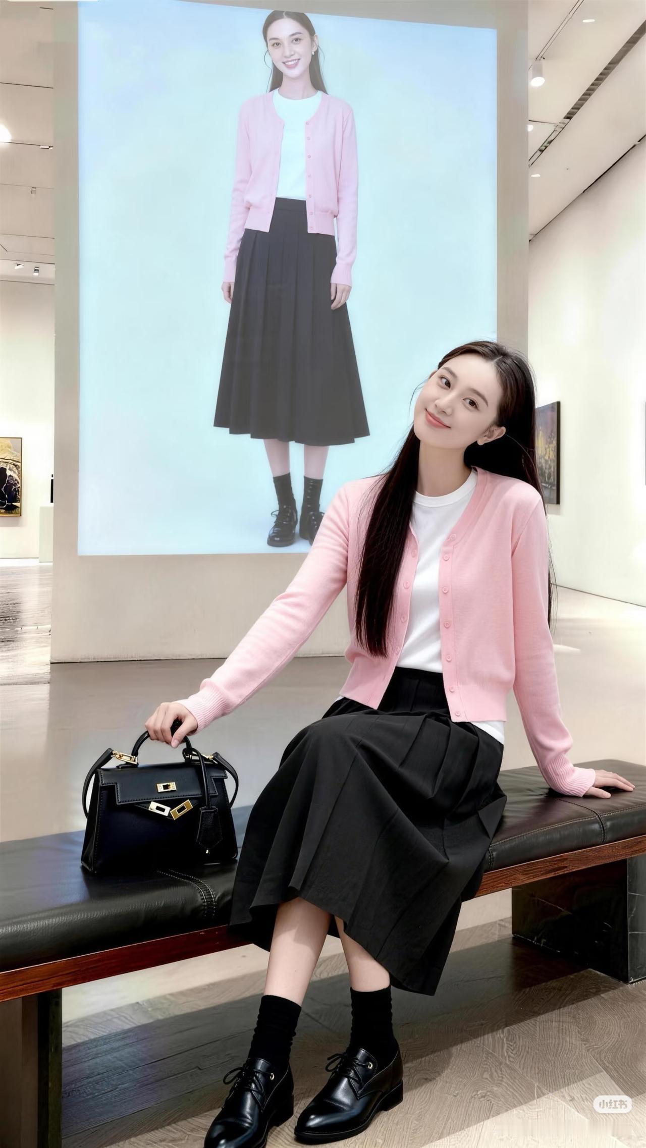 粉衣映画里，黑裙映人中。