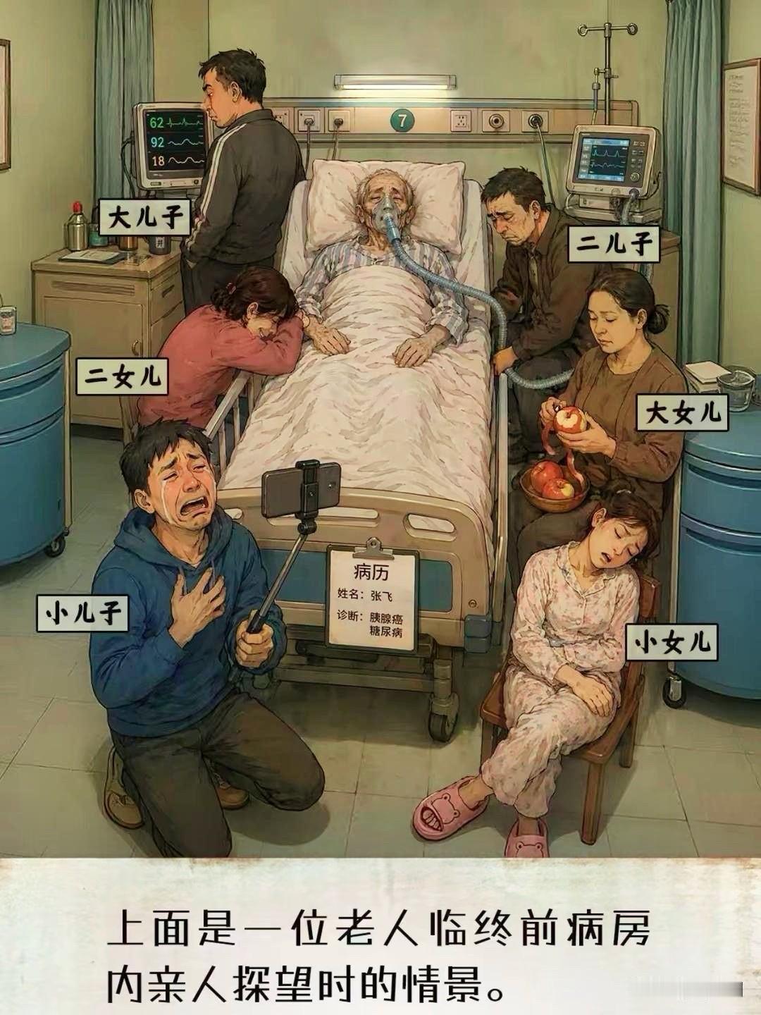 同样都是陪着老人。

有人是真心，有人是表演。

你觉得谁演得最像？谁又是真的关