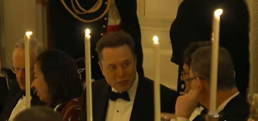 视频画面显示：埃隆·马斯克与多位嘉宾一同出席特朗普与沙特王储的晚宴。 ​