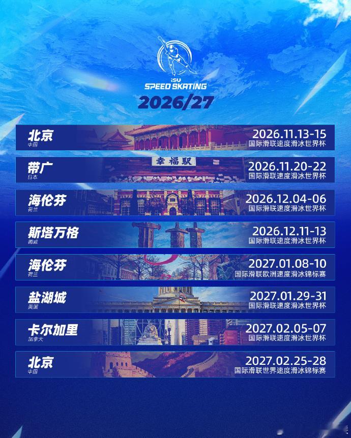 国际滑联新赛季赛历公布 国际滑联公布2026-2027赛季赛历，花样滑冰、速度滑