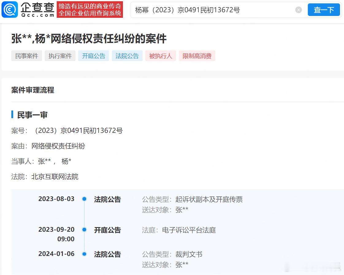 【杨幂申请强执侵权黑粉】杨幂黑粉拒不道歉被强执企查查APP显示，近日，法院公告杨