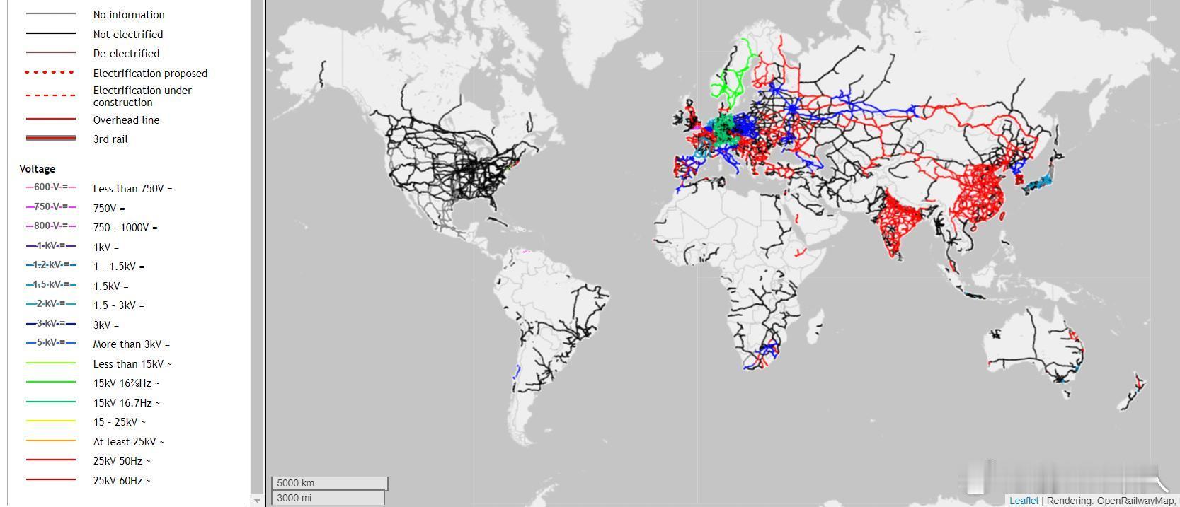 印度铁路电气化居然比美国好！OpenRailwayMap 世界铁路电气化图，中国