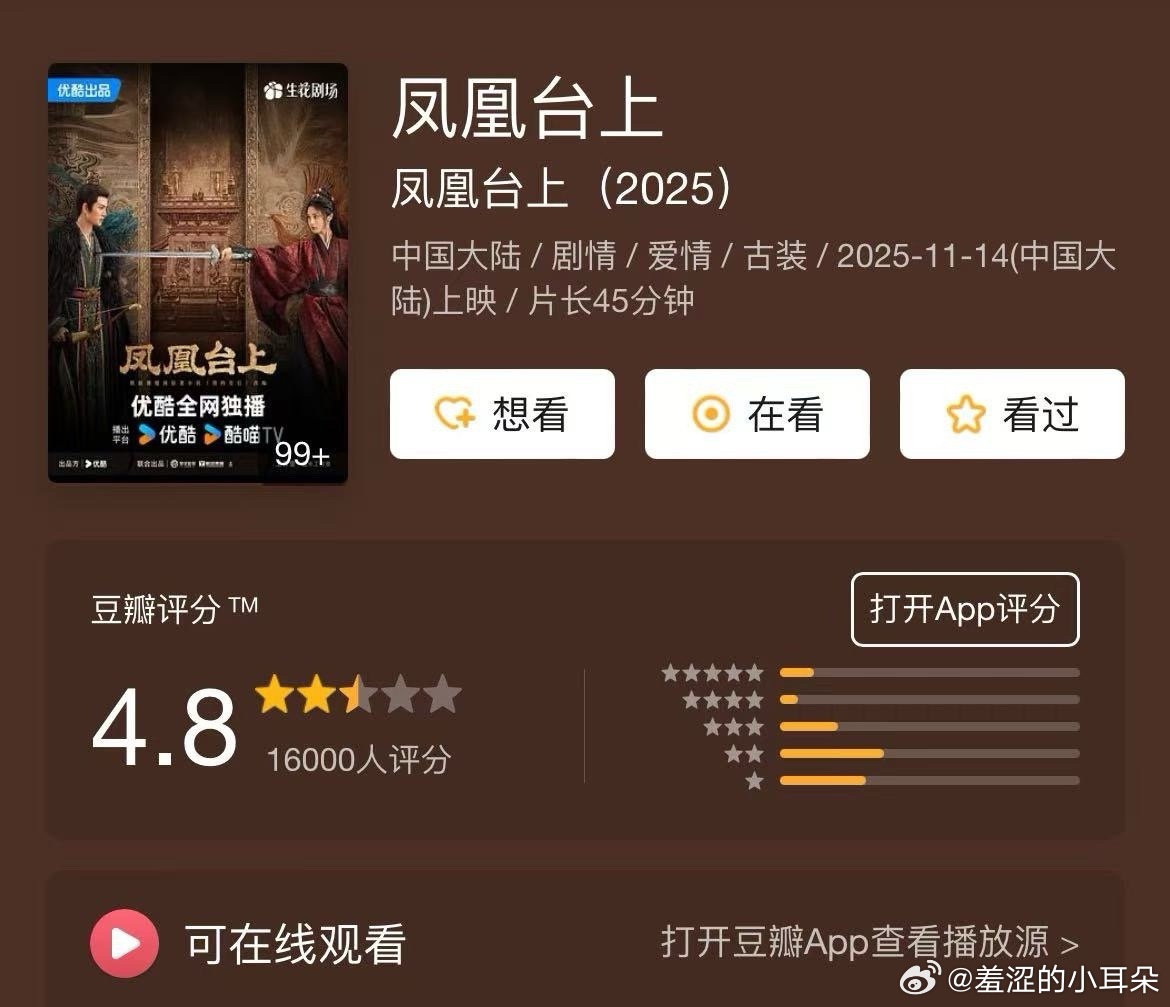 任嘉伦、彭小苒主演的《凤凰台上》豆瓣开分4.8，看出来欢瑞没有维护了，估计国超另