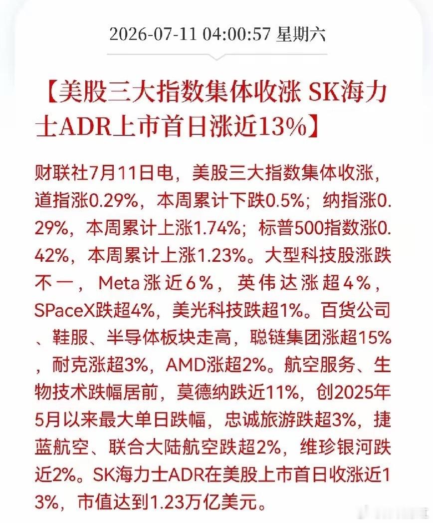 美股科技巨头飙涨昨晚美股三大指数全涨了，但最炸眼的就一个：SK海力士，上市第一天