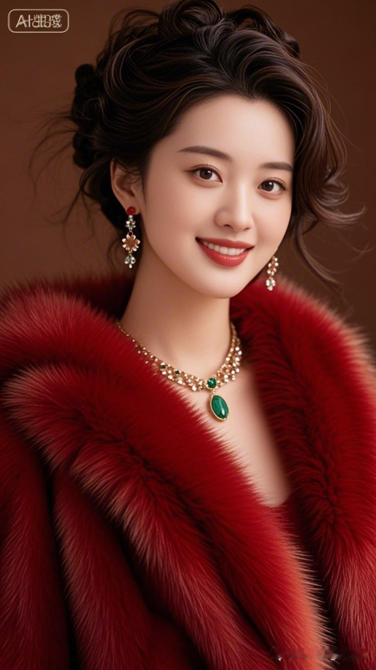 这位美女穿着红色皮草，戴着华丽的首饰，笑容甜美。
