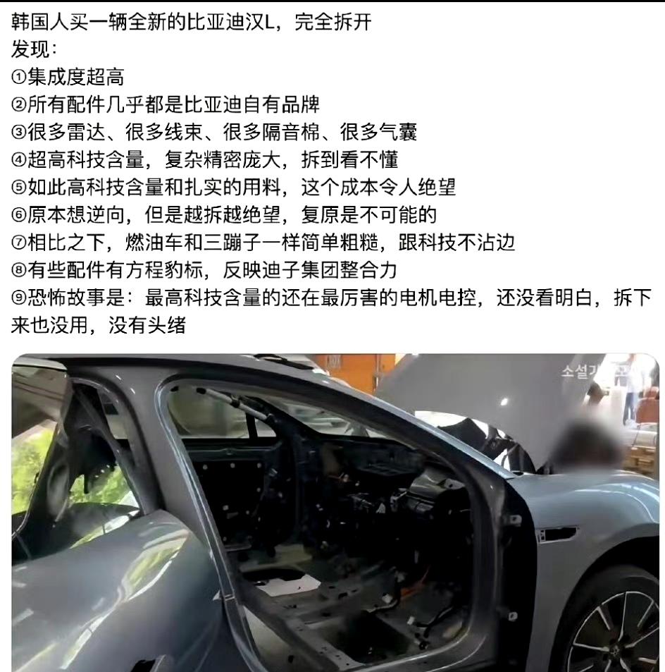 网友：据说韩国人拆了辆比亚迪汉L，结果傻眼了，把自己给拆崩溃了。。。