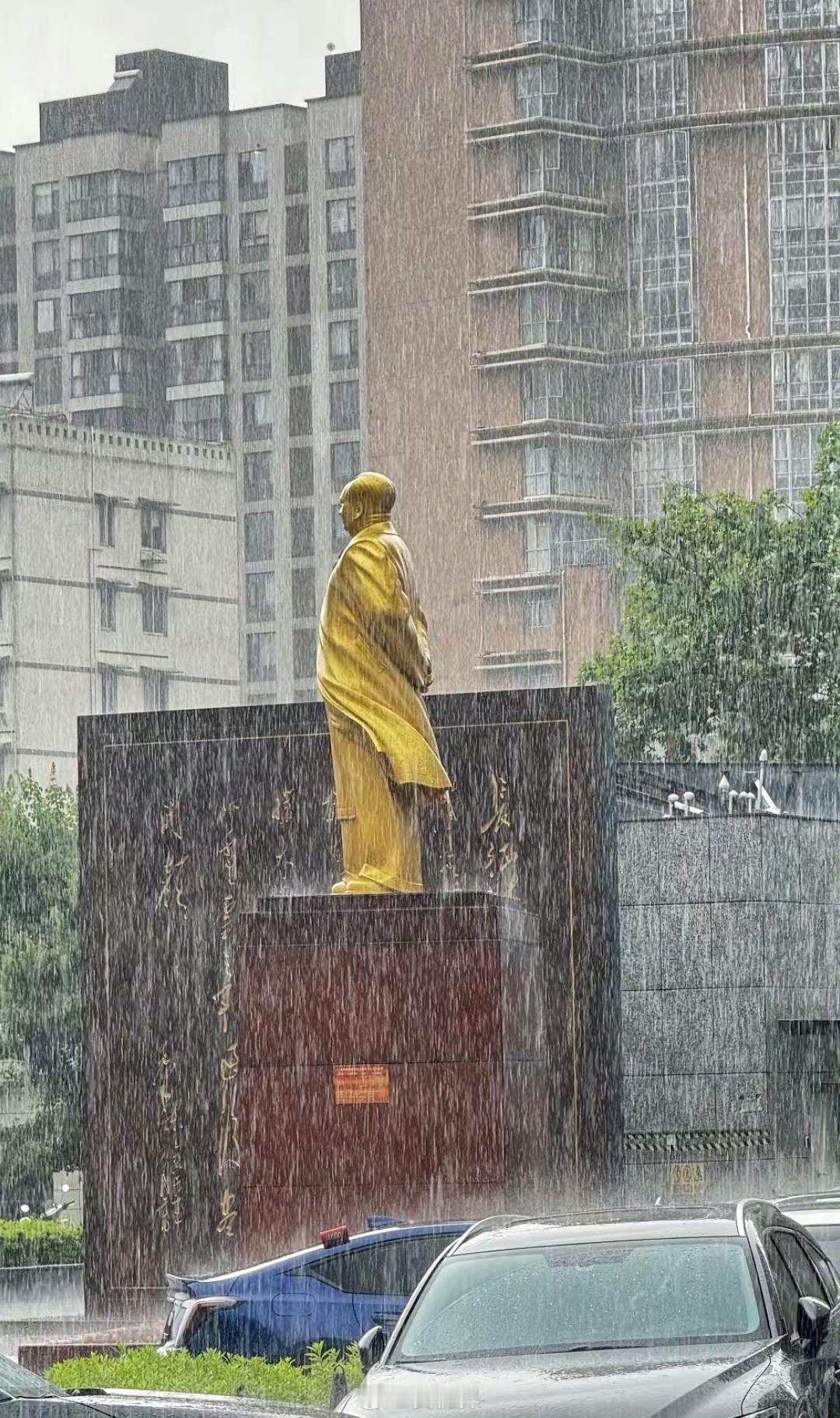那倾盆而下的雨，像极了他走过的惊涛骇浪，是长征的雪、是建国的风、是无数个日夜里的