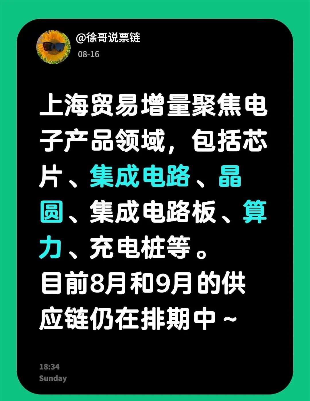 上海贸易增量聚焦电子产品领域，包括芯片、集成电路、晶圆、集成电路板、算力、充电桩