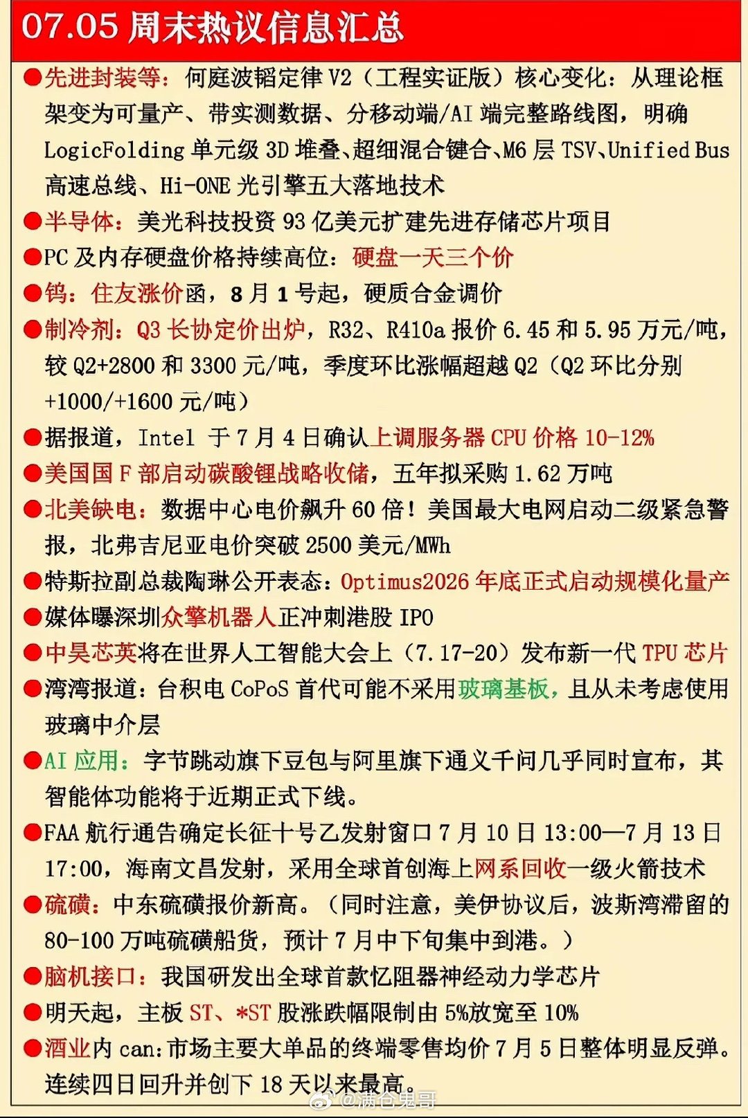 7月5日周末硬核科技深度复盘：全产业链二轮涨价潮来袭，AI算力引爆芯片供需缺口一