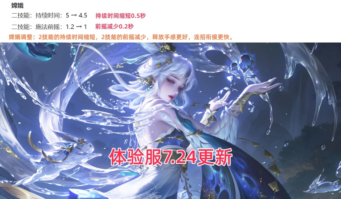 王者荣耀 体验服7.24更新：嫦娥调整，2技能手感提升，持续时间缩短。王者荣耀体