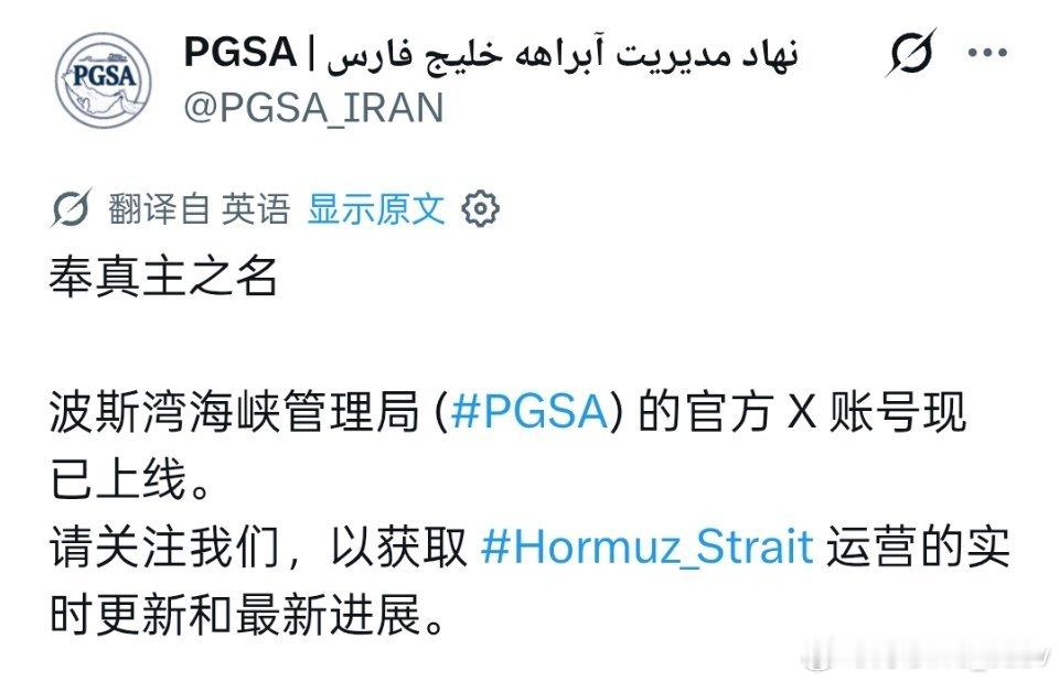伊朗成立管理霍尔木兹海峡新机构波斯湾海峡管理局（PGSA）官方 X 账号现已上线