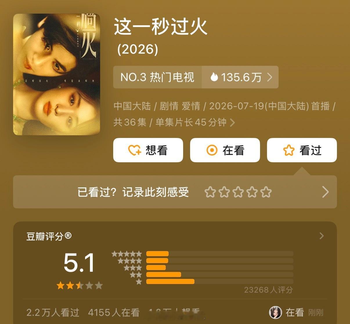 张凌赫王楚然新剧这一秒过火豆瓣开分5.1分，打分人数2.3w+，你们觉得这个分数