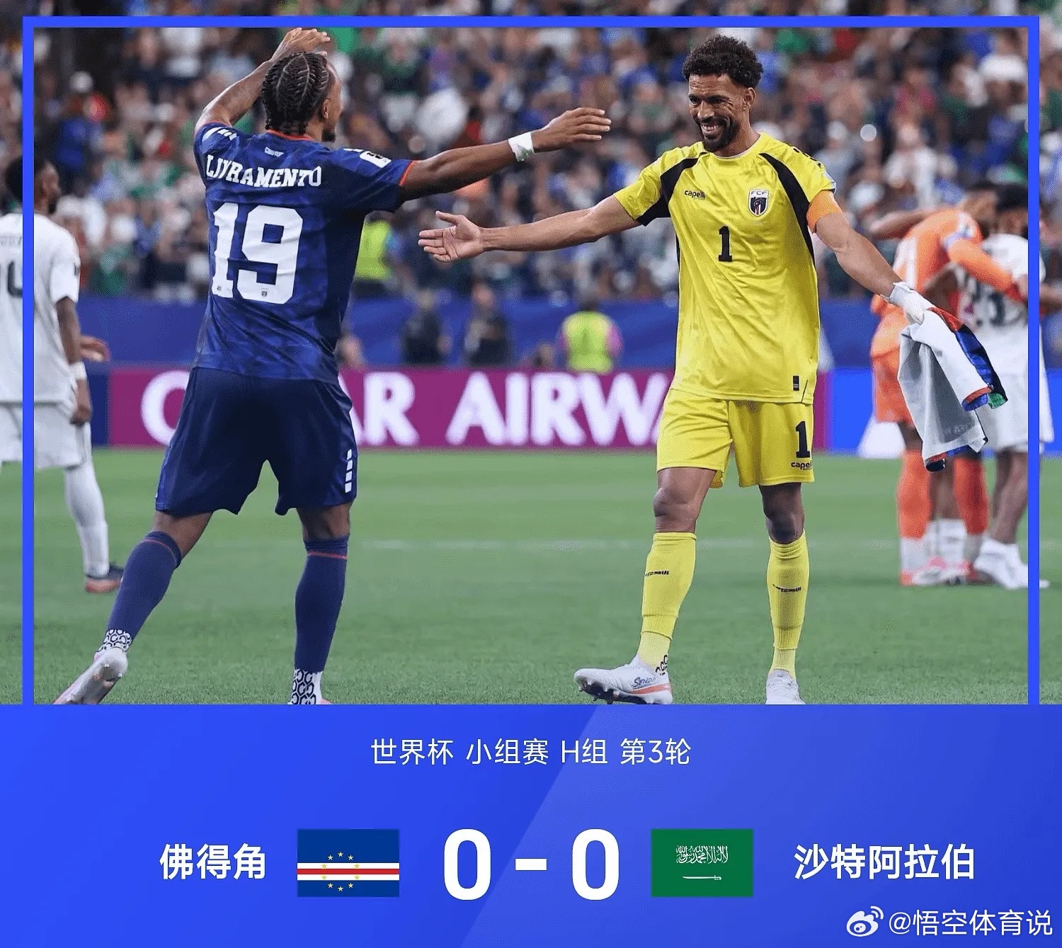 佛得角0比0沙特6月27日讯 2026年美加墨世界杯小组赛H组第3轮，佛得角对阵