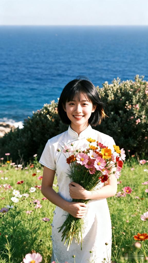 湛蓝地中海旁，绿草覆野，波斯菊盛放，灌木丛生。十八岁中国少女着白旗袍，短发逆光发