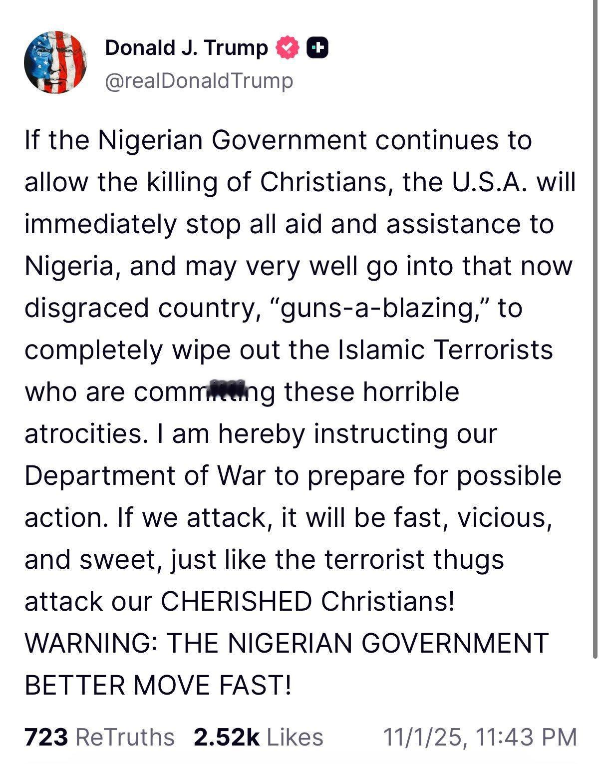 [费解] 特朗普威胁对尼日利亚采取军事行动 “如果尼日利亚政府继续允许杀害基督徒