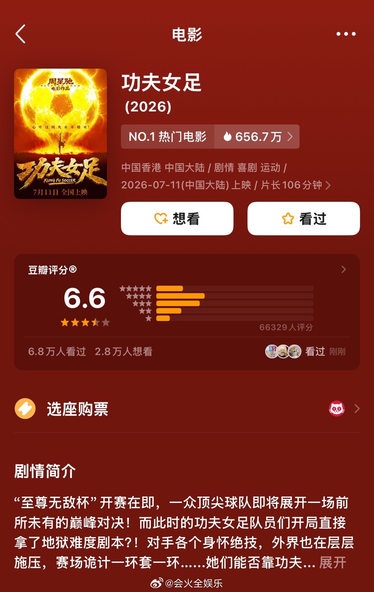 功夫女足豆瓣开分6.6！功夫女足评分6.6功夫女足开分