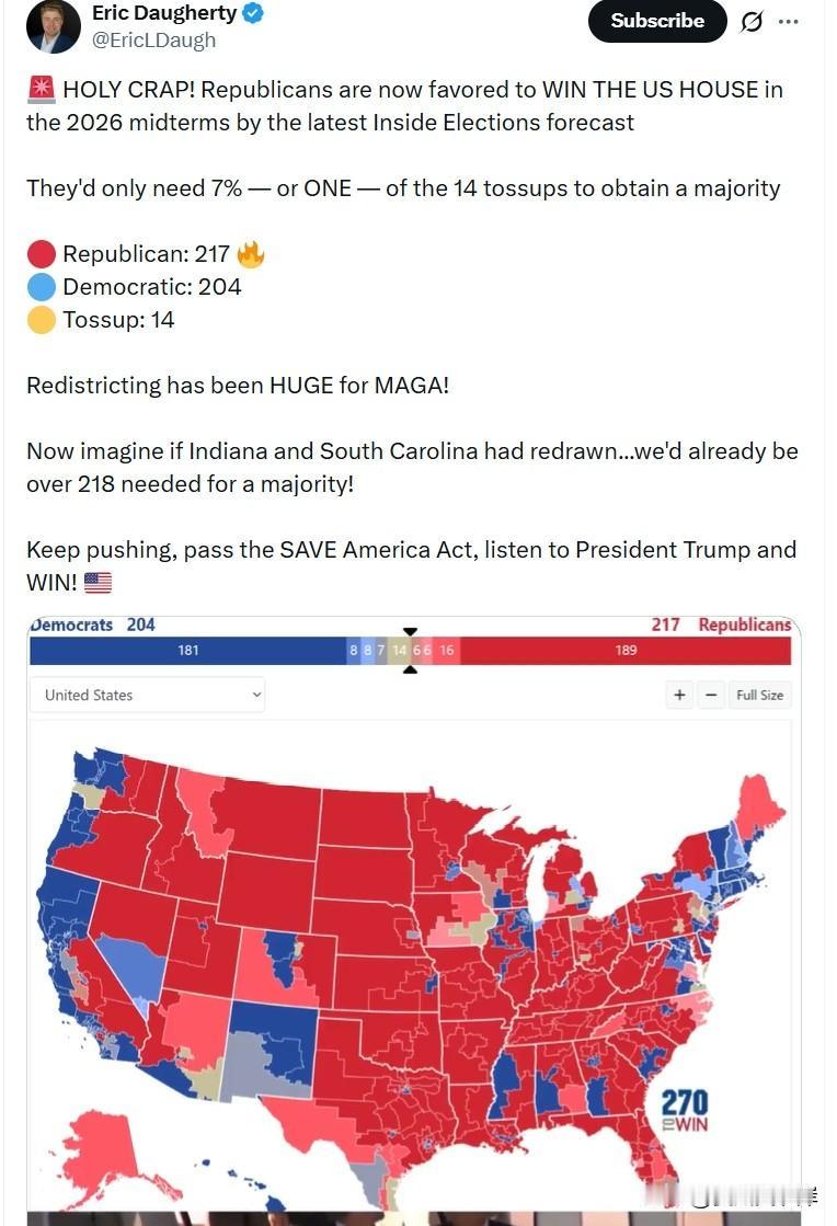 🚨 我的天！根据《内部选举》最新预测，共和党在2026年中期选举中已被看好赢得