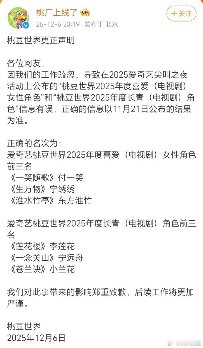 爱奇艺年度喜爱女性角色 爱奇艺年度喜爱女性角色更正为：《一笑随歌》付一笑、《生万