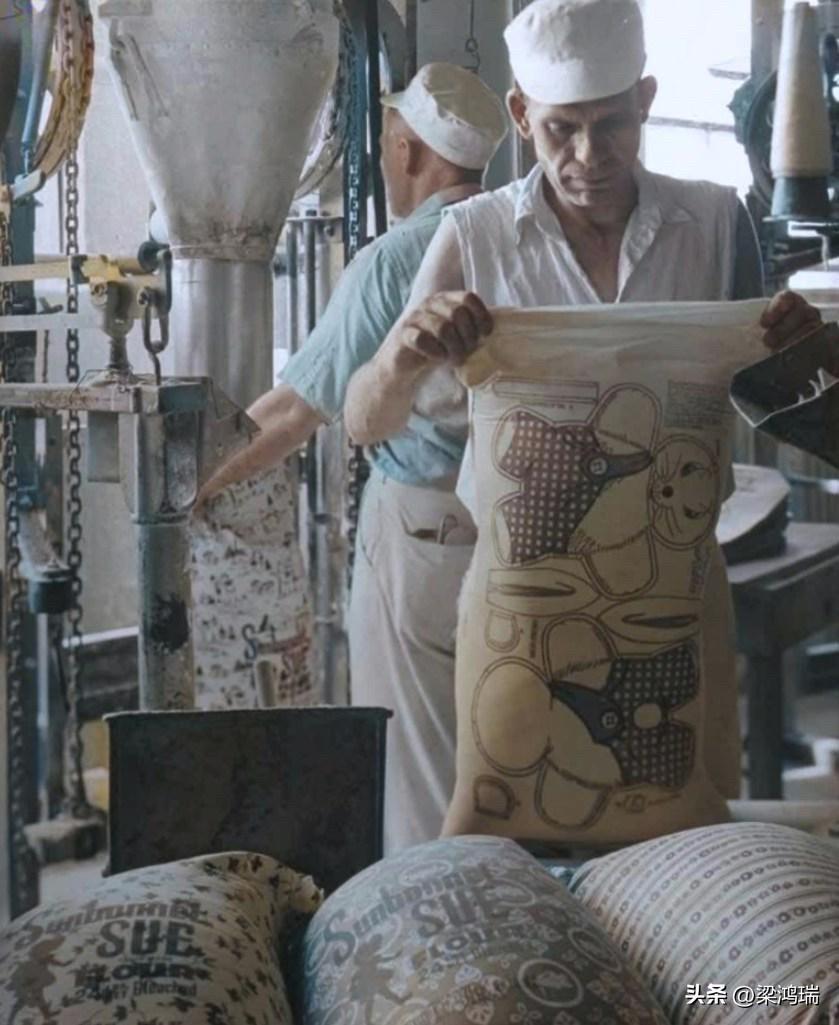 这张图片展示了20世纪30年代美国大萧条时期一段独特的时尚历史：面粉袋连衣裙（F