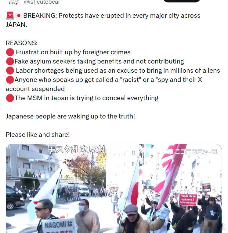 日本各大城市爆发了坑议活动原因：• 对外国人犯罪积累的愤怒• 假庇护申请者领取福