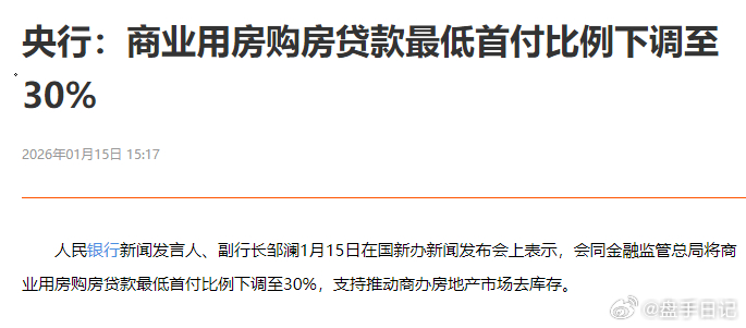 央行：商业用房购房贷款最低首付比例下调至30% 