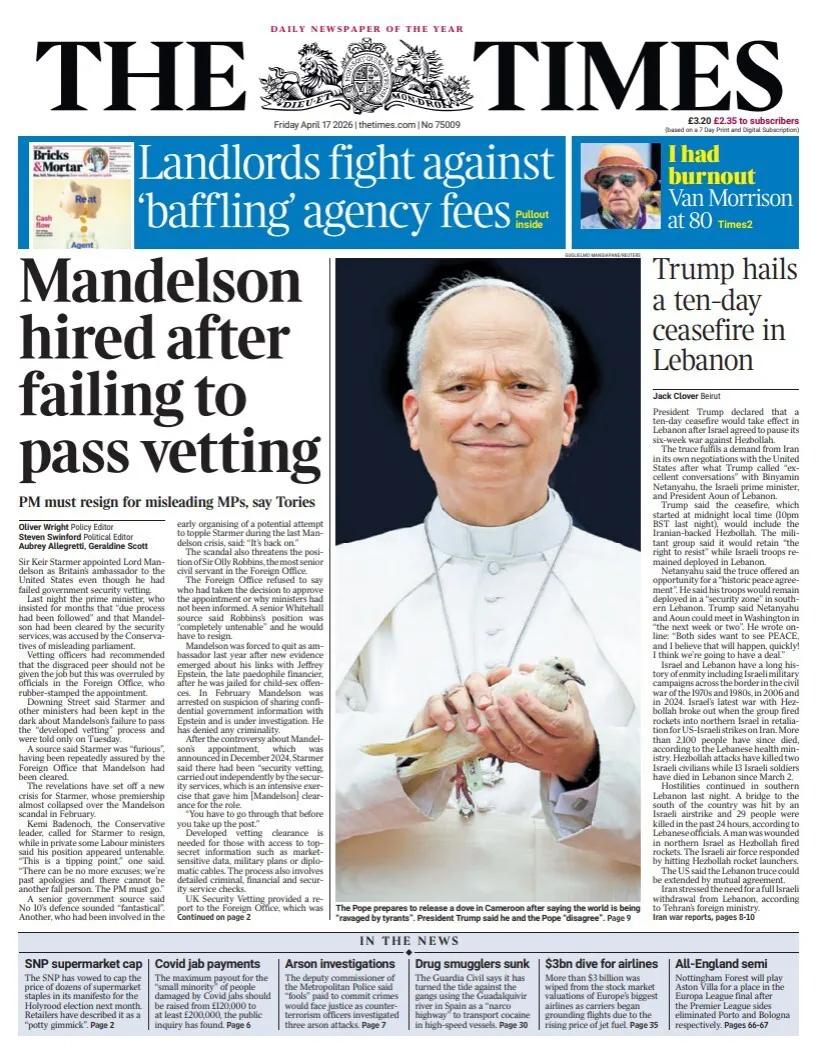 英国《泰晤士报》头版报道称，该报似乎有意刊登一张照片，教皇在称世界正被“暴君肆虐