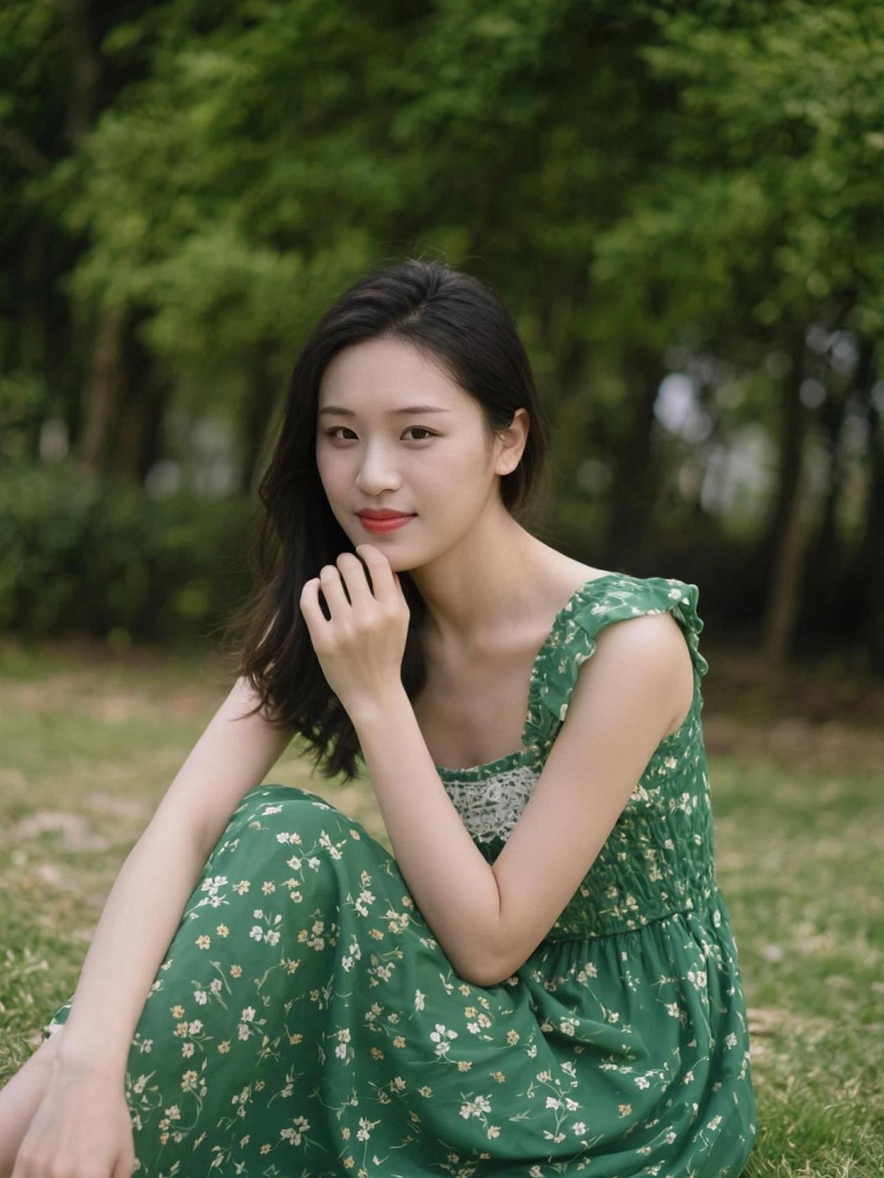 这绿裙子和草地简直融为一体，我差点以为是草地长出了人形！不过，这裙子上的小碎花倒