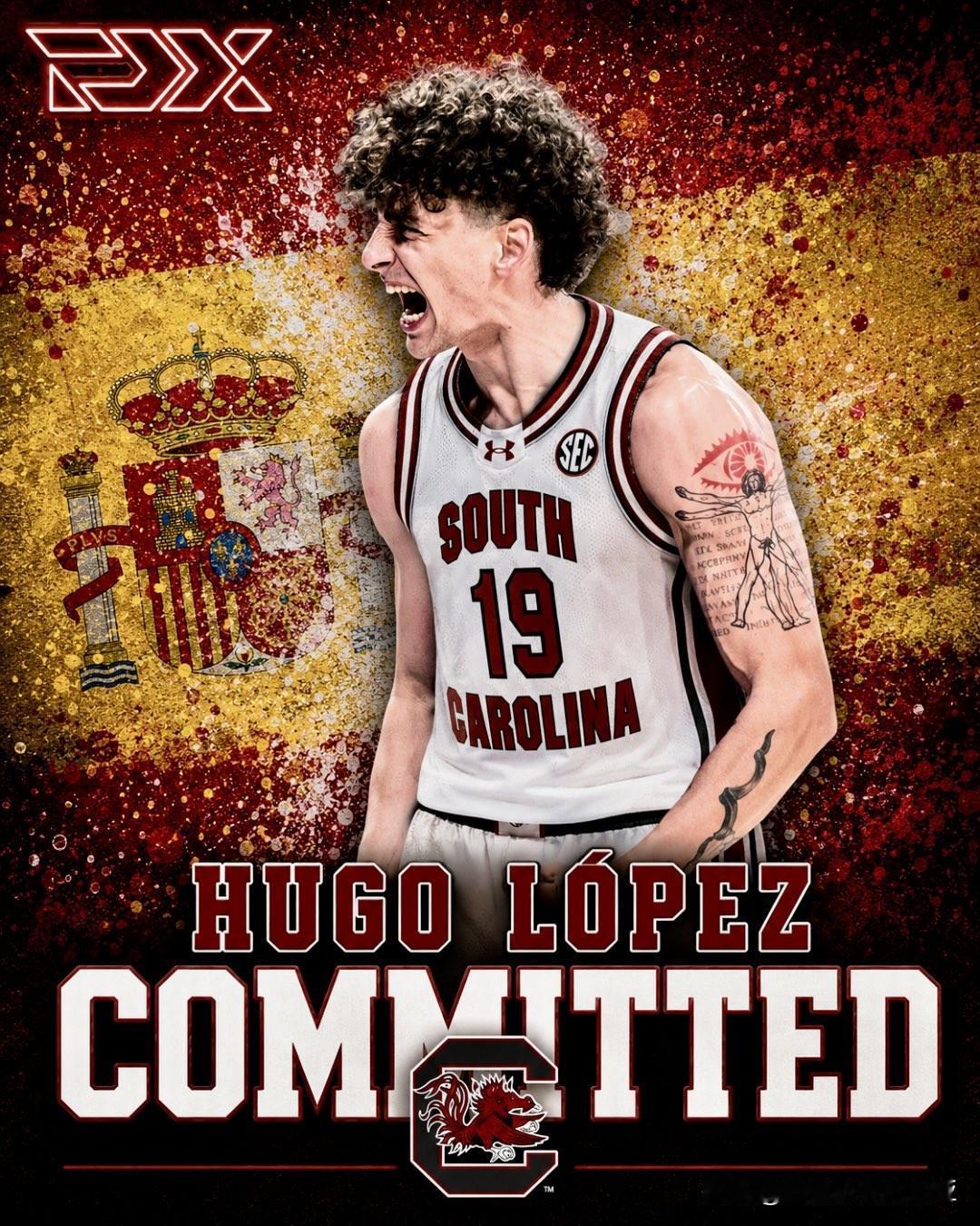 西班牙23岁前锋Hugo Lopez宣布承诺加盟南卡大学，身高6-9=206，在