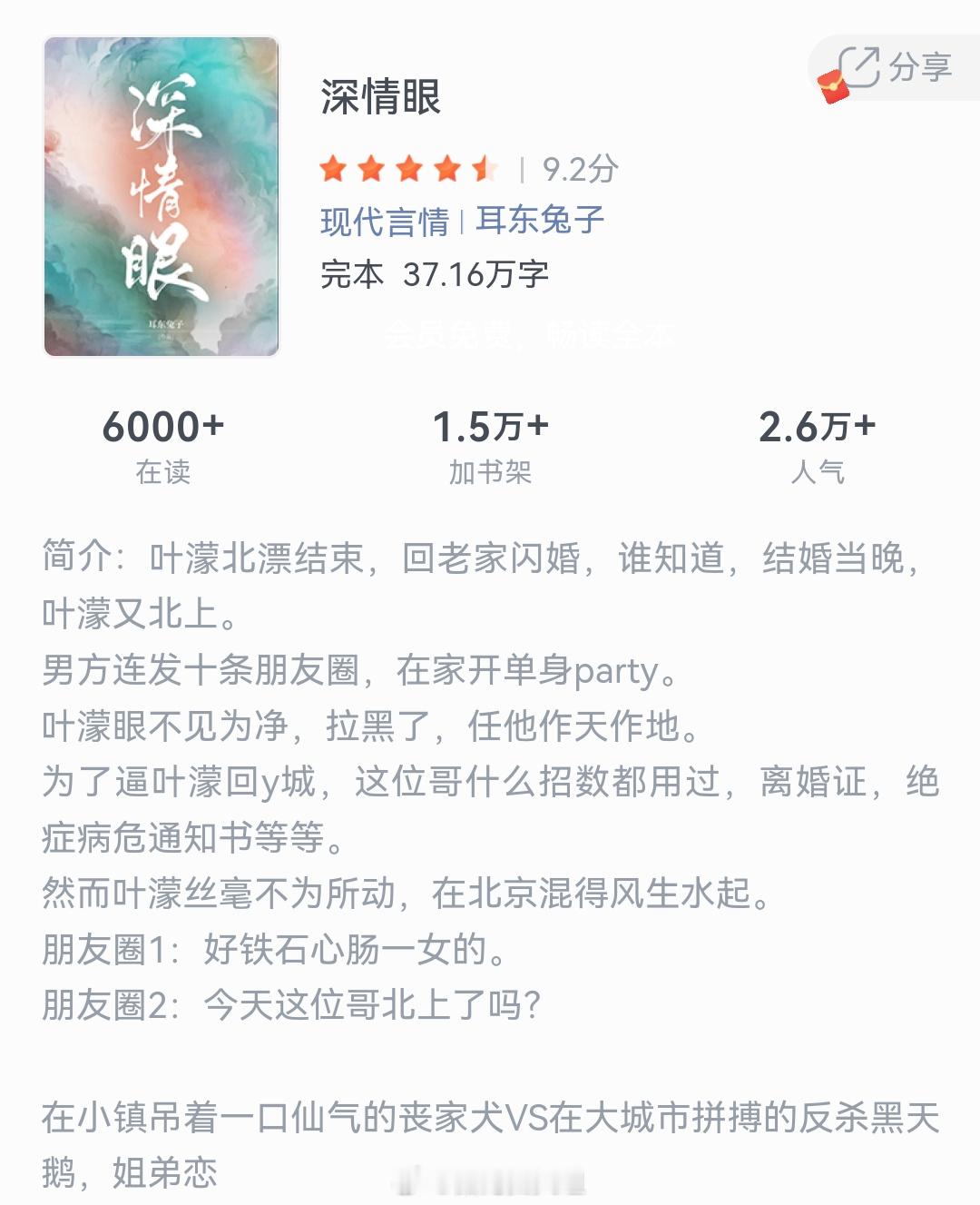 《深情眼》作者：耳东兔子叶蒙北漂结束，回老家闪婚，谁知道，结婚当晚叶濛又北上。男