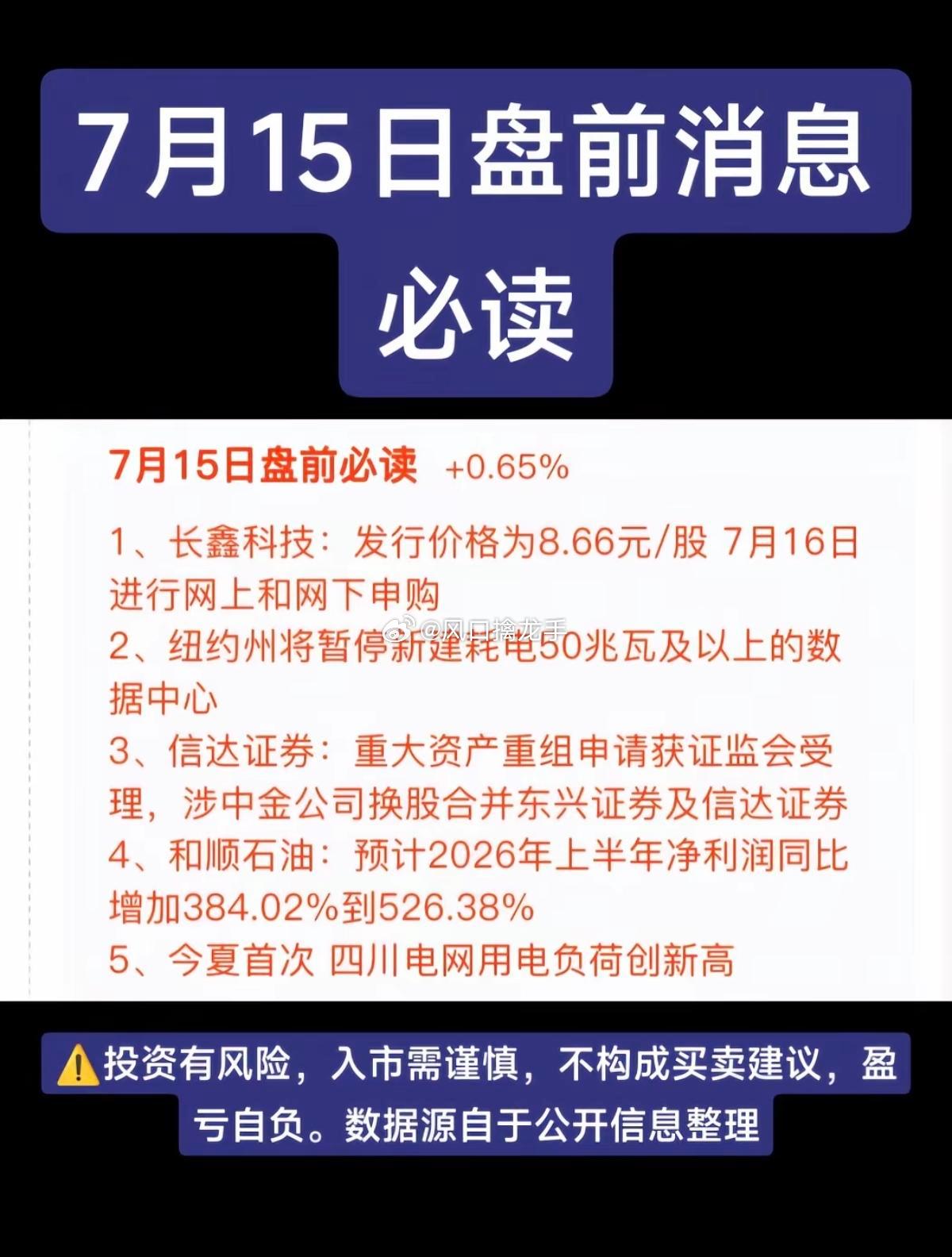 7.15周三盘前五大核心热点完整解读免责声明：仅产业、财经资讯复盘整理，不构成任