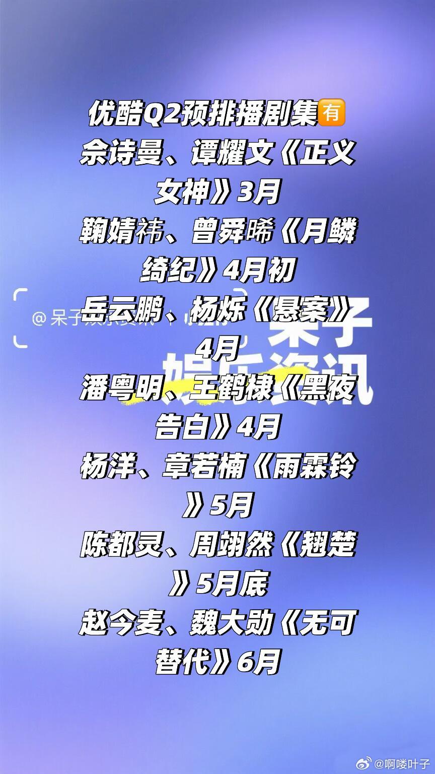 优酷Q2预排播剧集🈶佘诗曼、谭耀文《正义女神》3月鞠婧祎、曾舜晞《月鳞绮纪》4