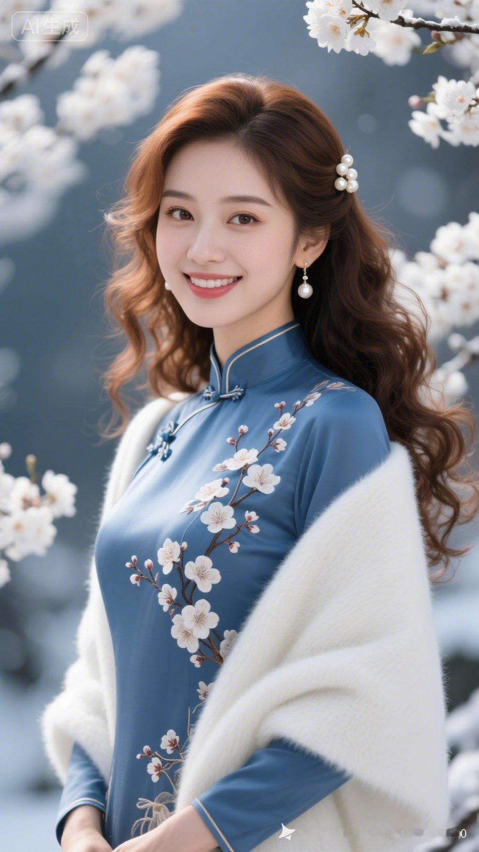 春日樱花下，笑靥如花，蓝衣美人如画。