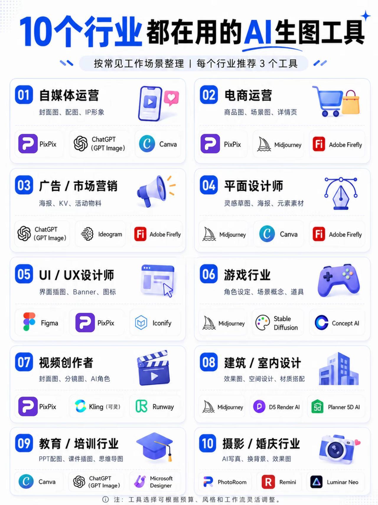 10大行业专用AI生图工具全梳理
 
一、自媒体运营
 
适用：短视频封面、推文