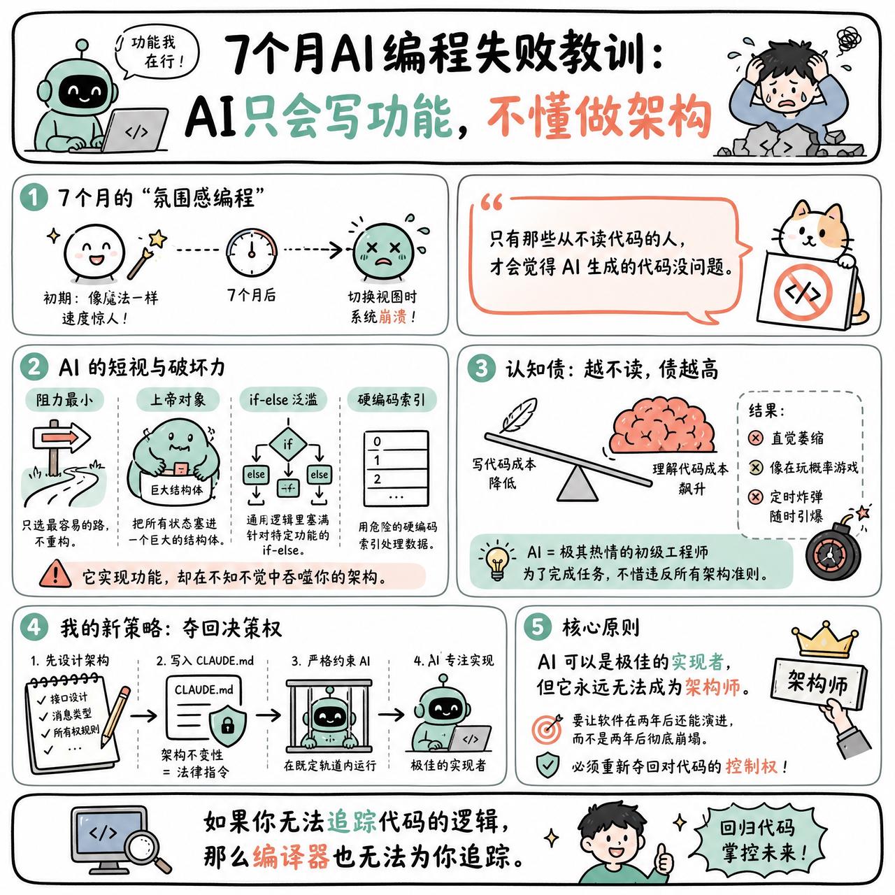 【7个月AI编程失败教训：AI只会写功能，不懂做架构】

快速阅读：作者通过七个