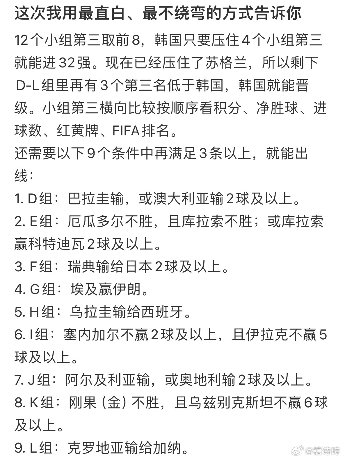 全网都在帮韩国队算出线形势 今天1.2.3全部不满足，韩国出线概率直转急下，只剩