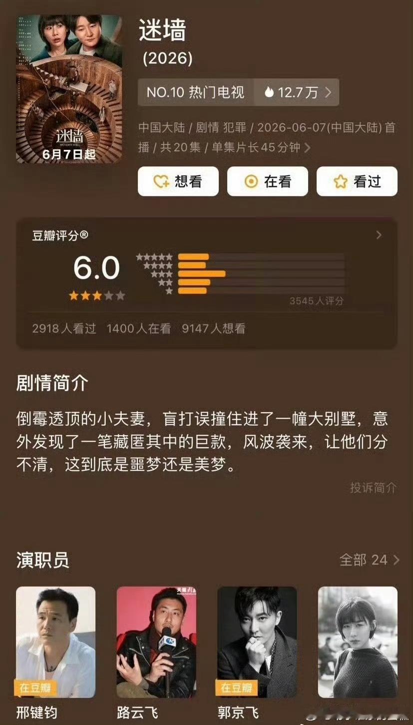 电视剧迷墙迷墙豆瓣开分6.0，评分人数这么少评分还挺低的，我看了一下评论，好像差