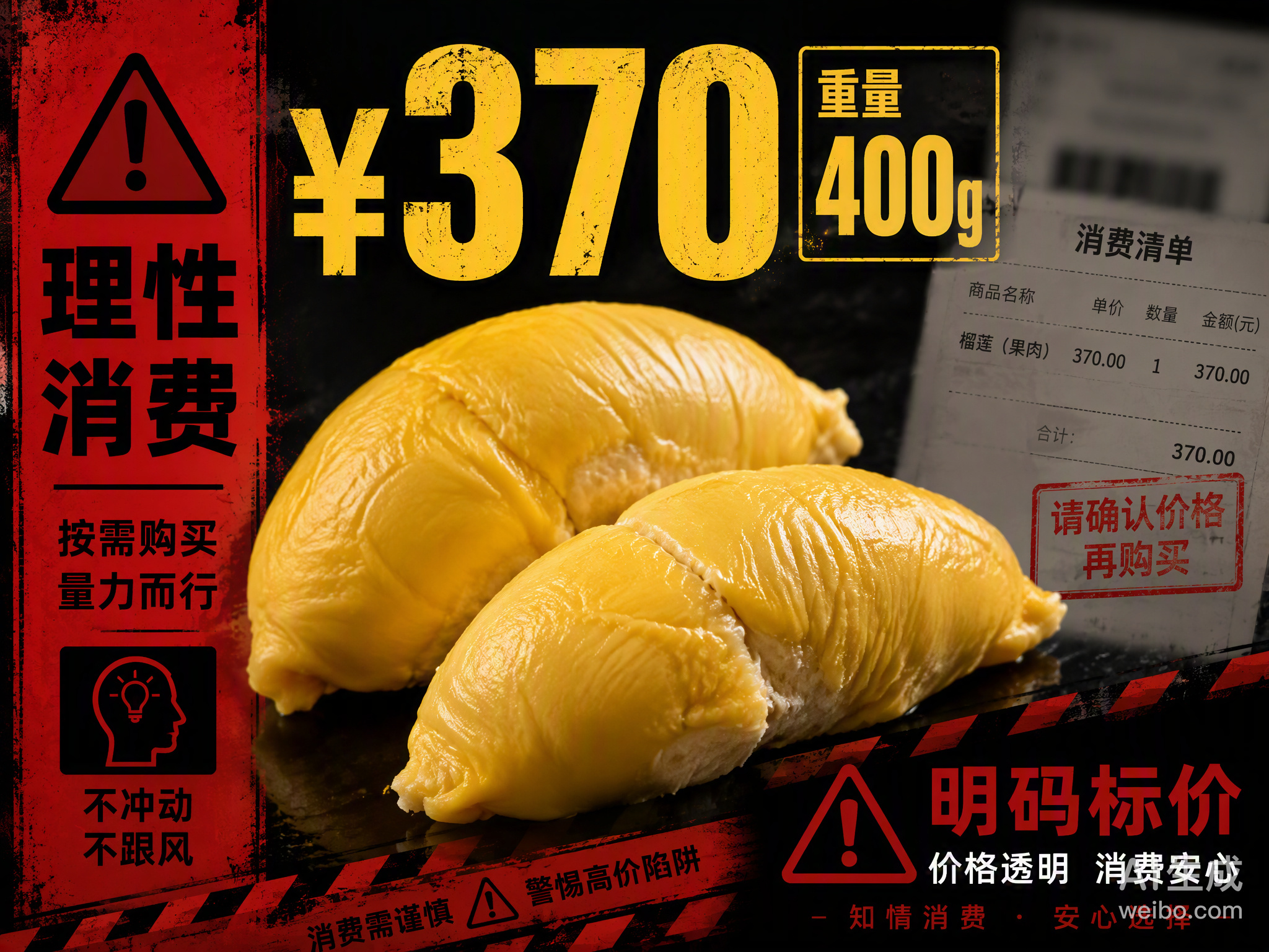 网红“小黄豆”在杭州联手BUNANA FRUIT开出的370元两块榴莲果肉账单，