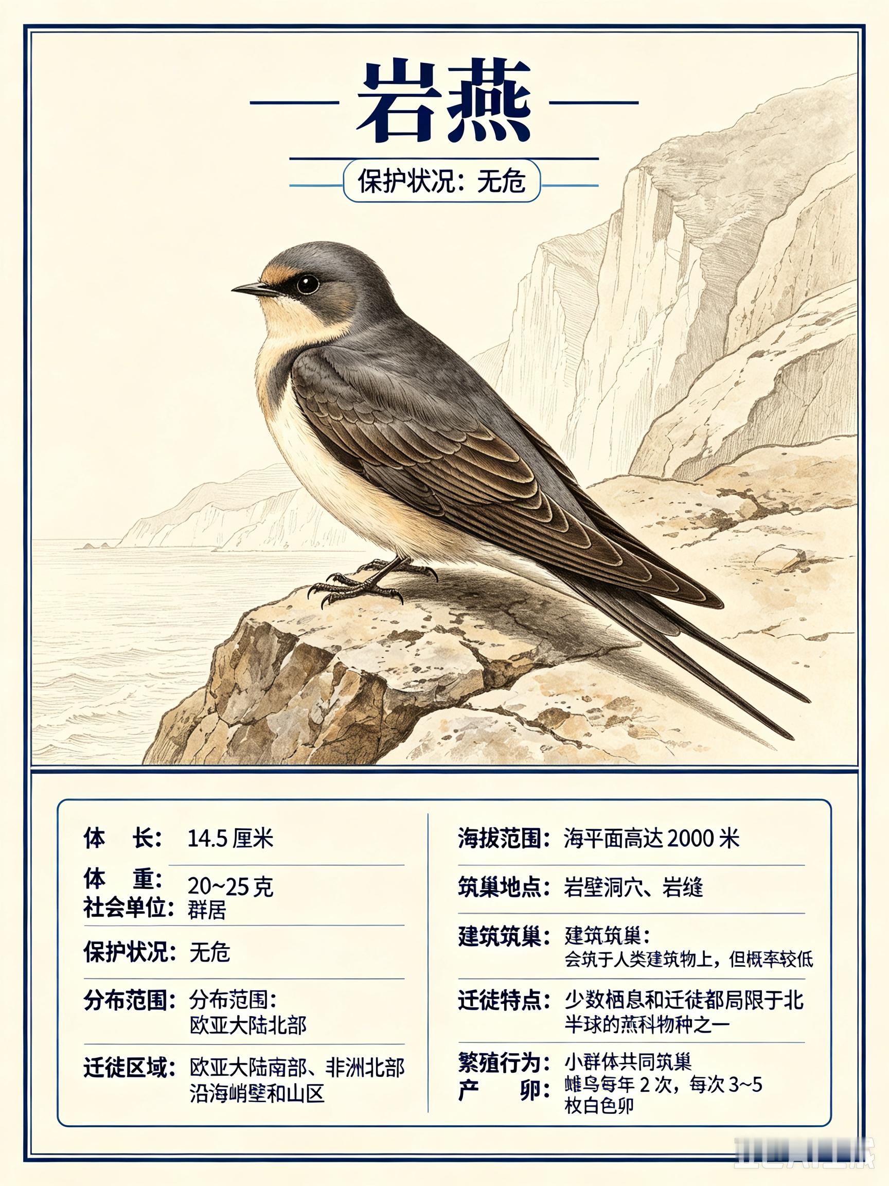 鸟类朋友图鉴 岩燕体长：14.5 厘米体重：20~25 克社会单位：群居保护状况