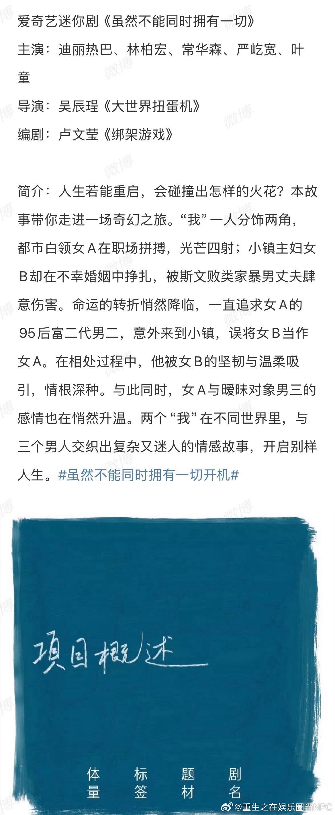 迪丽热巴的迷你剧《虽然不能同时拥有一切》。男主林柏宏，常华森、严屹宽题材：女性奇