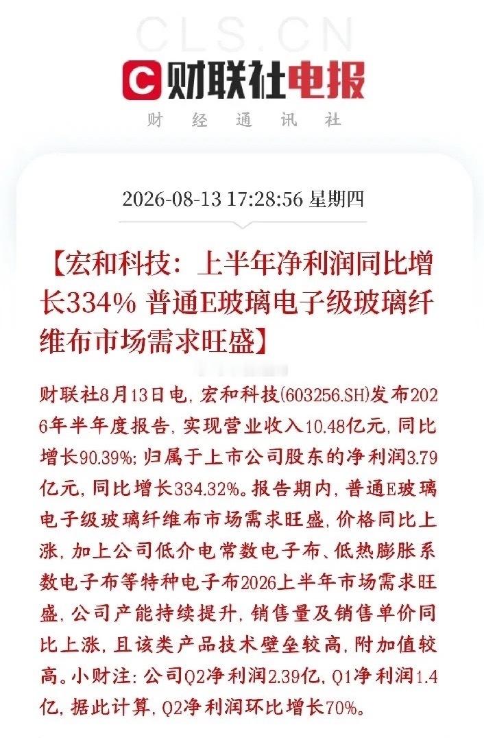 电子布板块重大利好消息，龙头发布业绩报，大超预期宏和科技半年报大爆发：营收10.