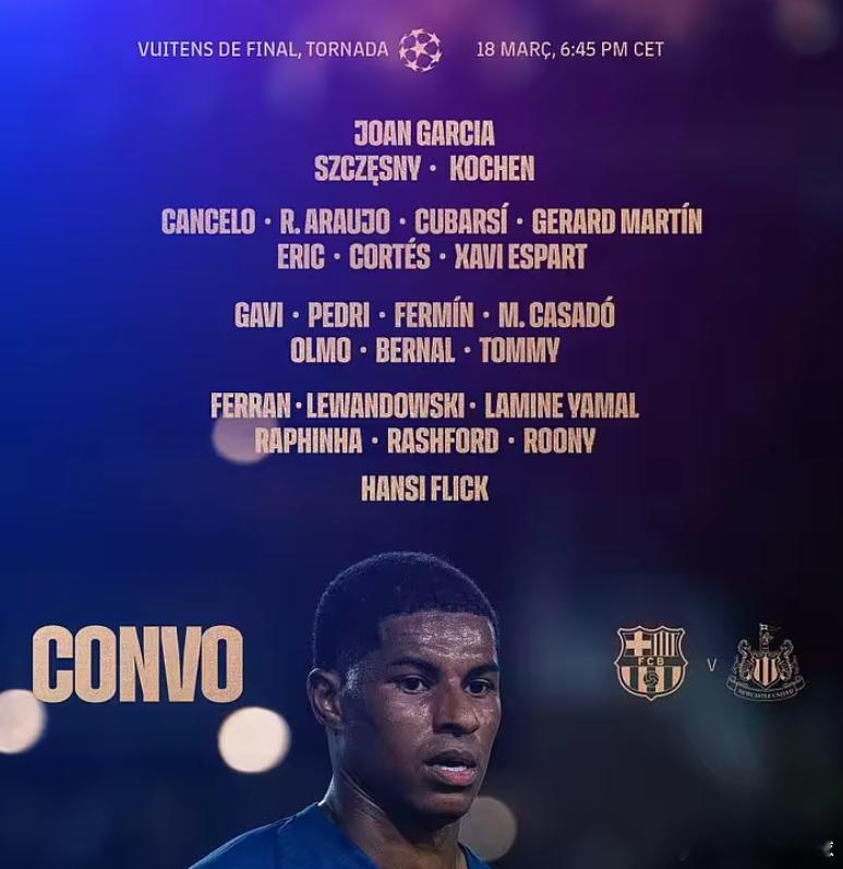 欧冠1/8决赛次回合，巴塞罗那坐镇主场迎战纽卡斯尔联。首回合双方以1-1战平。目