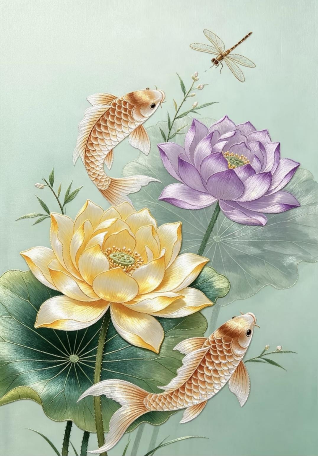 花开锦绣·好运连连|针尖上的艺术
金鲤戏荷蝶舞翩跹，花开富贵好运连连。指尖起落，