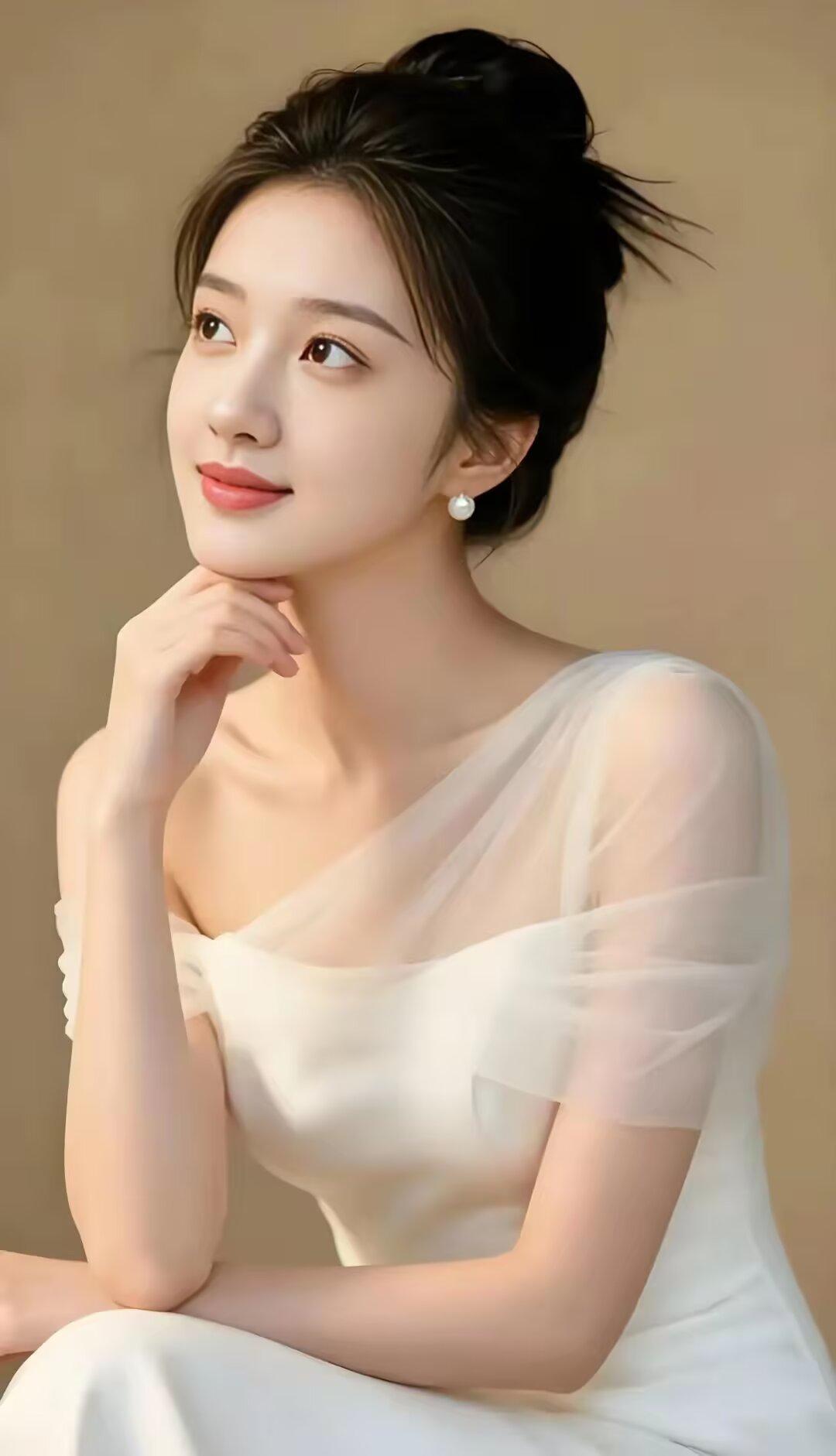优雅白裙，沉思的少女，温柔如水