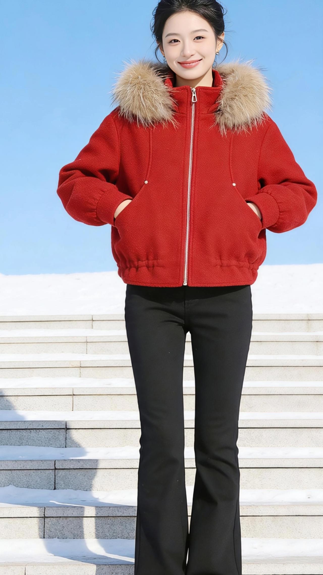 红袄映雪
 
正红的短袄裹着冬日的鲜活，毛领蓬松如浅金色的云，落在肩头，把凛冽的